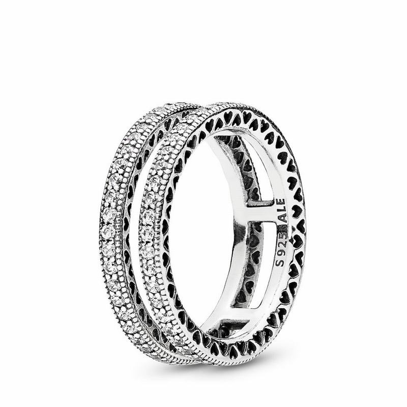 Pandora Double Hearts Stackable Ring - Sterling Silver/Cubic Zirconia - Canada | YV2385PG